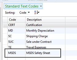 “MSDS” Set up as standard Text Codes.