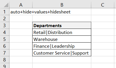 Figure 1 – Creating a list with auto+hide+values+hidesheet in A1
