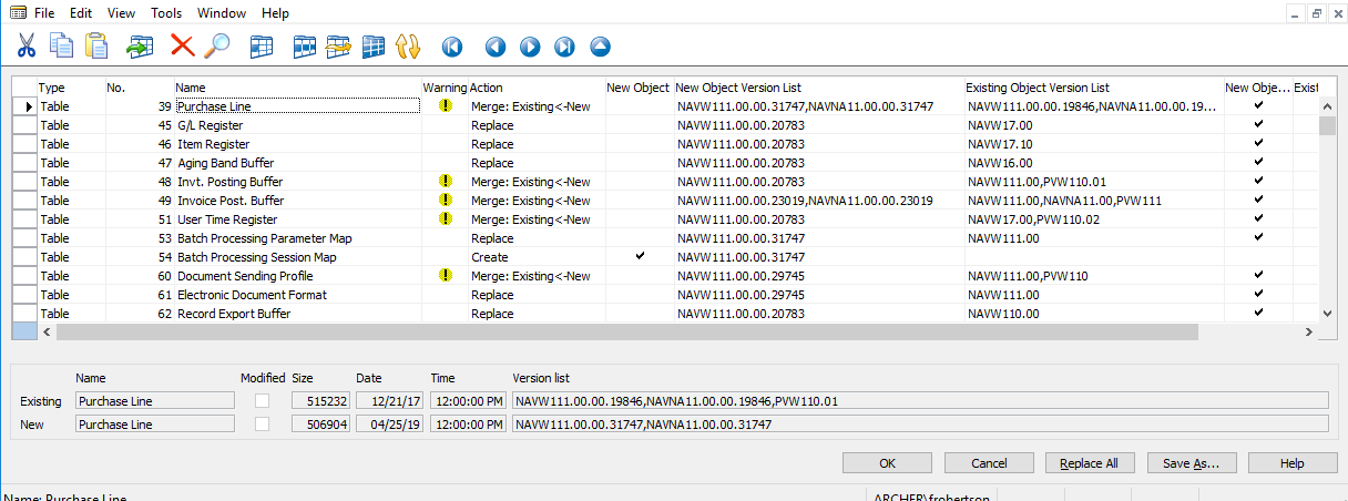 Figure 1 – The import worksheet in Microsoft Dynamics NAV with an action and, in some instances a warning flag, displayed.