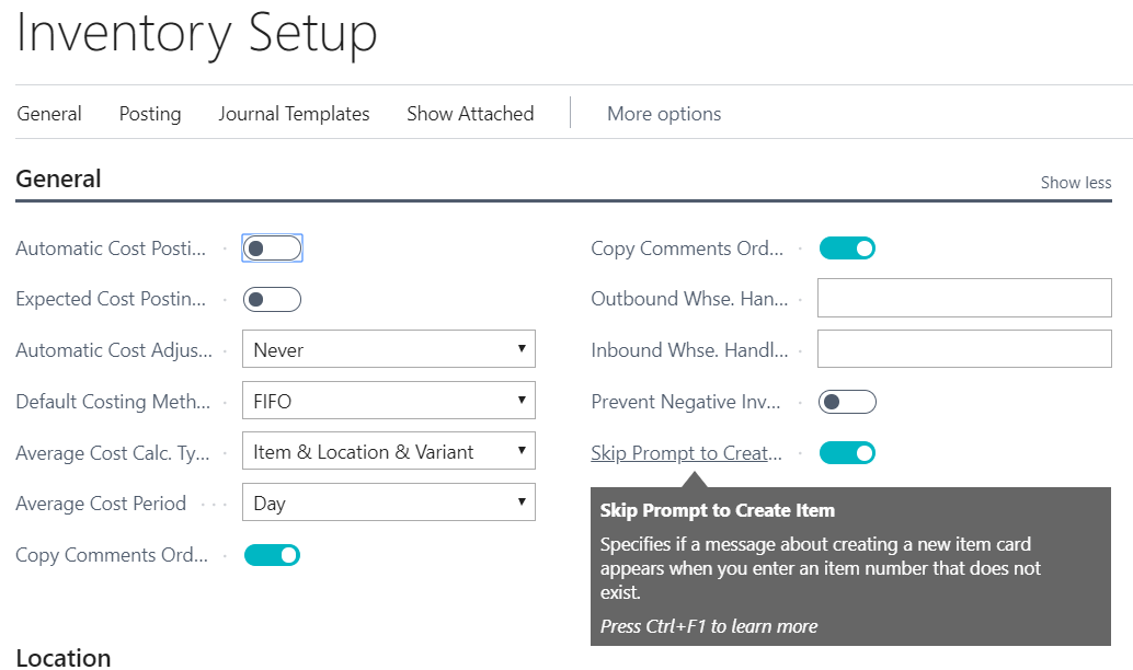 Figure 1 – The Skip Prompt to Create Item (Inventory Setup) field in Microsoft Dynamics 365 Business Central