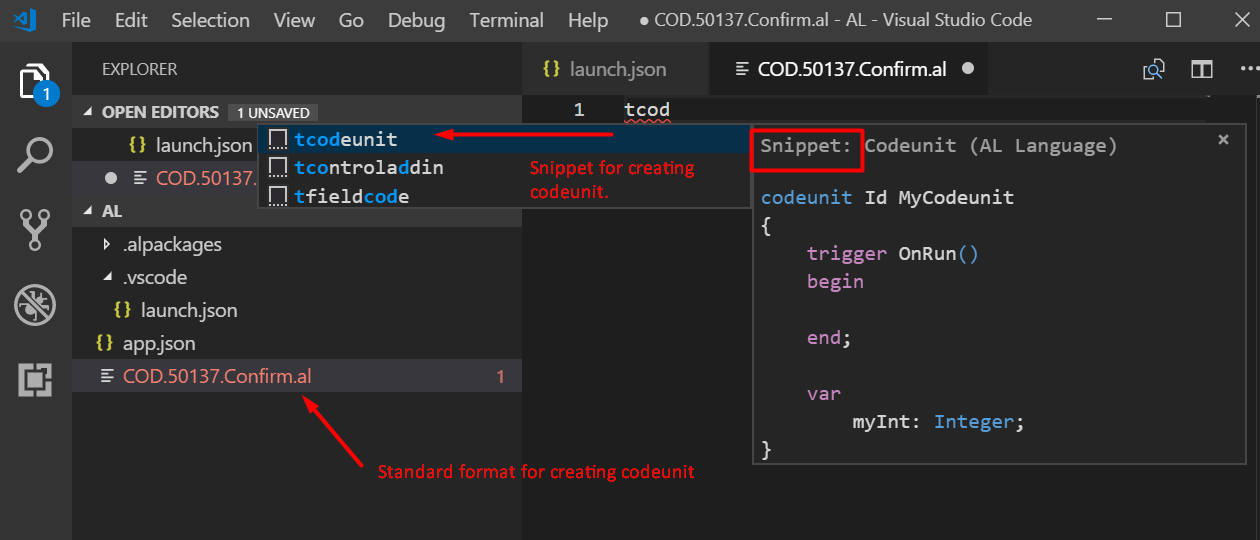 Figure 1 – Creating a new file for a codeunit by using a snippet in Dynamics Business Central on premises