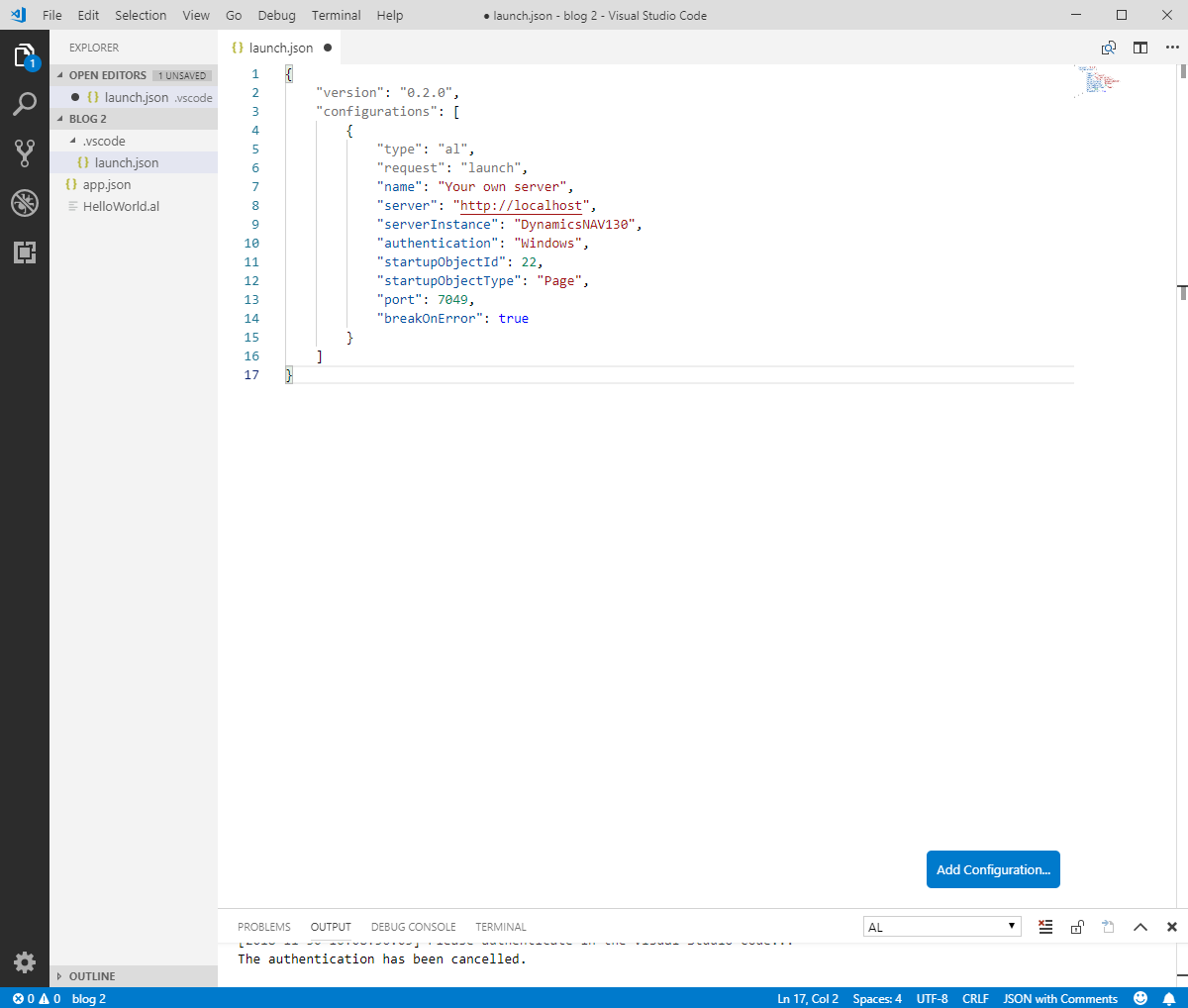 Figure 1 – Basic settings in launch.json in Microsoft Dynamics 365 Business Central/NAV