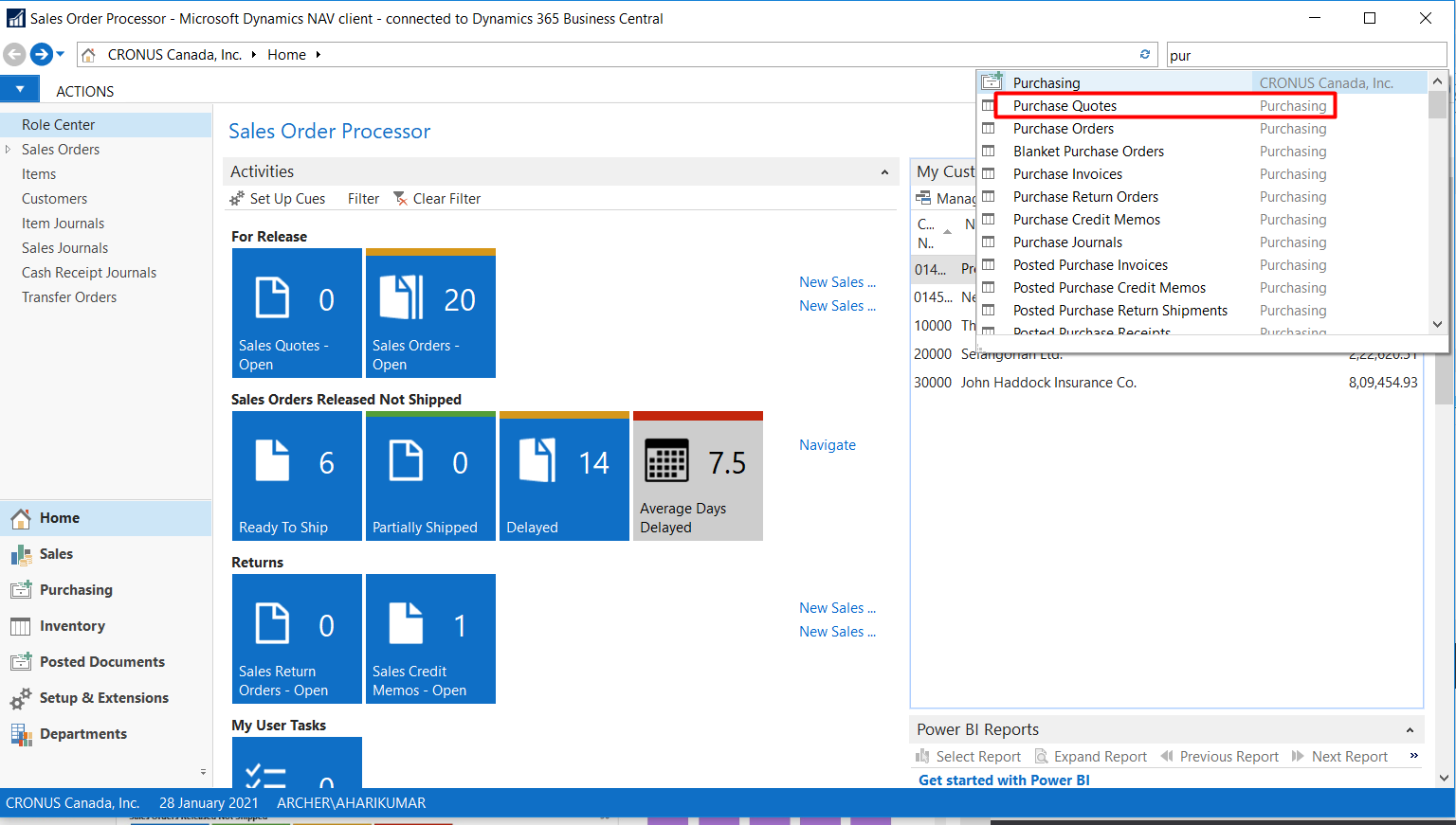 Figure 1 – Purchase Quote option in the Search box in Microsoft Dynamics Business Central or NAV