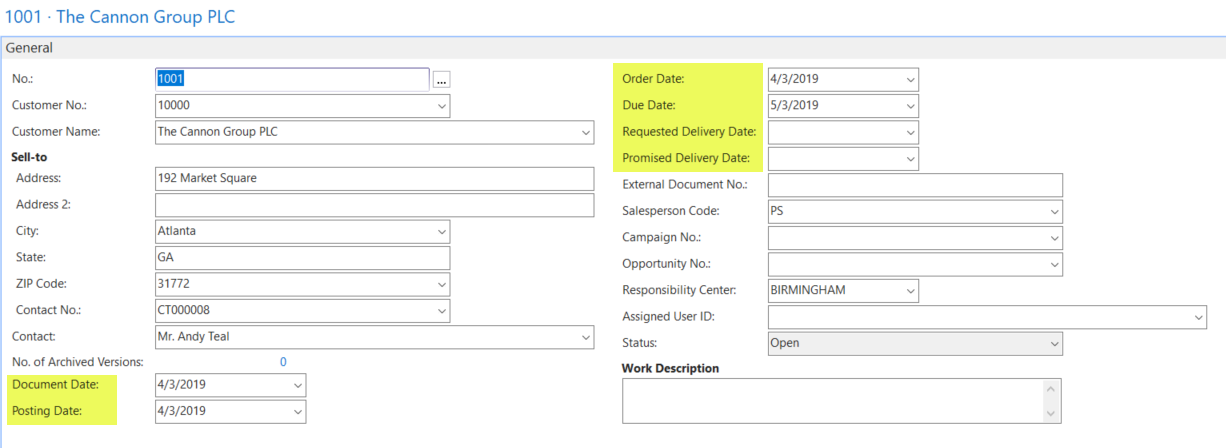 Figure 1 – Sales Header General FastTab with six dates highlighted in Microsoft Dynamics NAV 2018