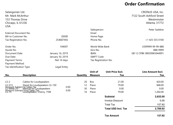 Figure 2 – 1305 Sales Confirmation report in the CRONUS company in Microsoft Dynamics NAV 2018