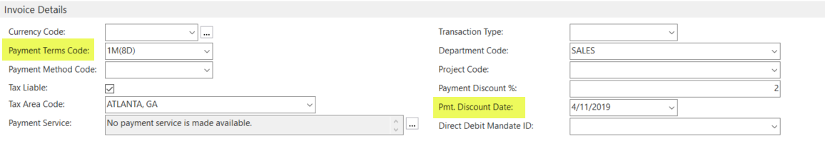 Figure 2 – Invoice Details FastTab with two dates highlighted in Microsoft Dynamics NAV 2018