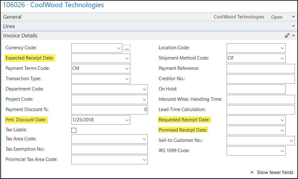 Figure 2 - The Purchase Header Invoice Details FastTab has four dates in Microsoft Dynamics NAV 2017