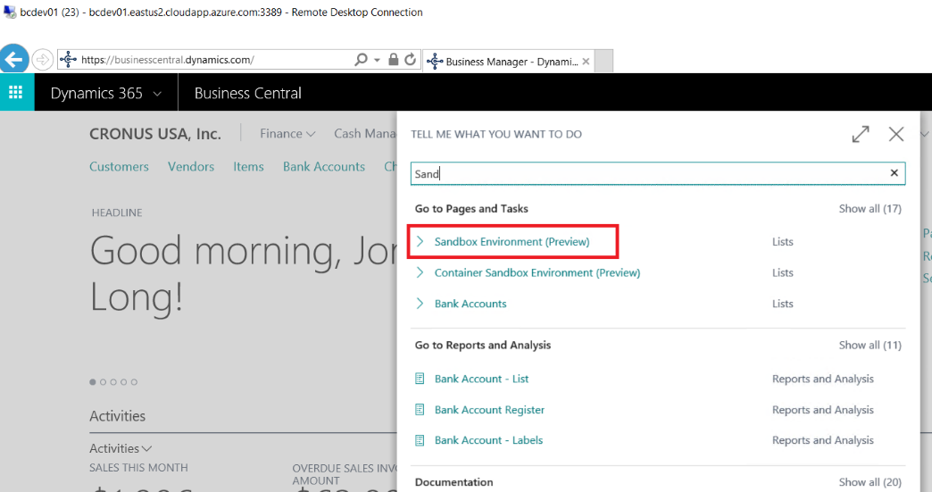 Figure 2- Creating a sandbox environment in Microsoft Dynamics Business Central