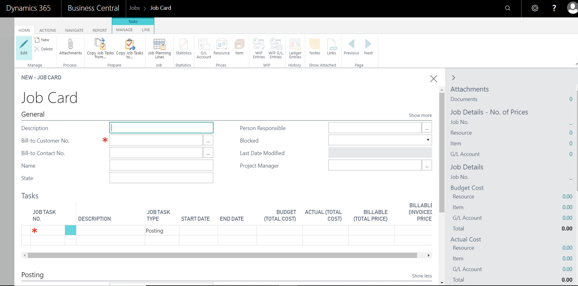 Figure 2 – New job opened in Microsoft Dynamics Business Central
