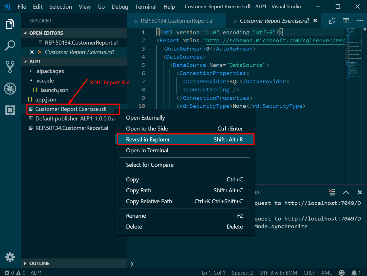 Fig 2 – Opening the .rdl file using the Reveal in Explorer option in Microsoft Dynamics Business Central on premises or NAV