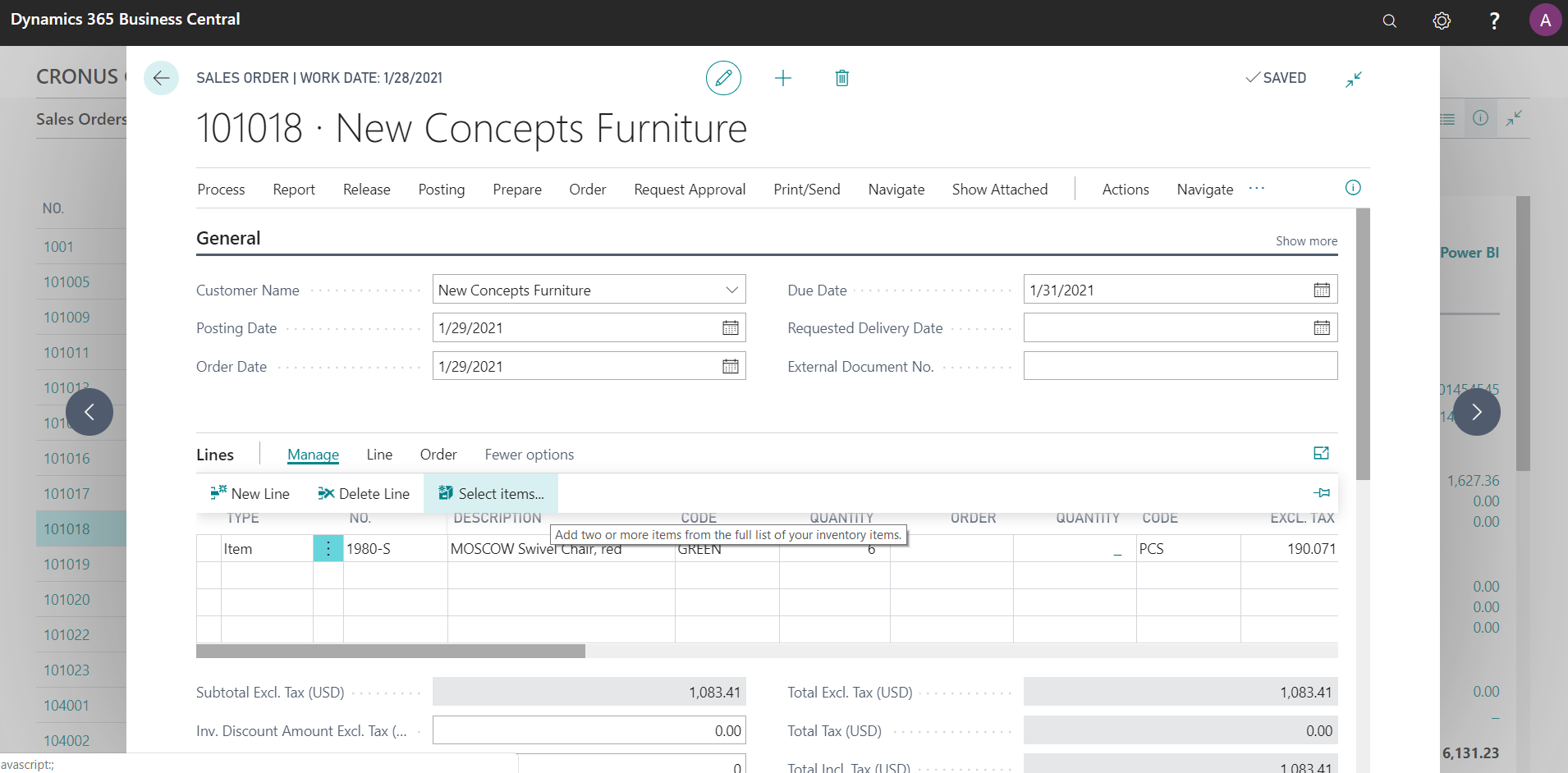 Figure 2 – Selecting Items on a Sales Order in Microsoft Dynamics 365 Business Central