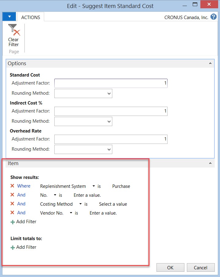 Dynamics NAV Suggest Item Standard Cost Option Page