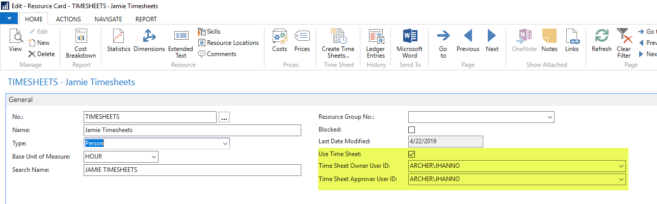 Figure 3 – Setting up a resource to be associated with a time sheet in Microsoft Dynamics NAV 2018