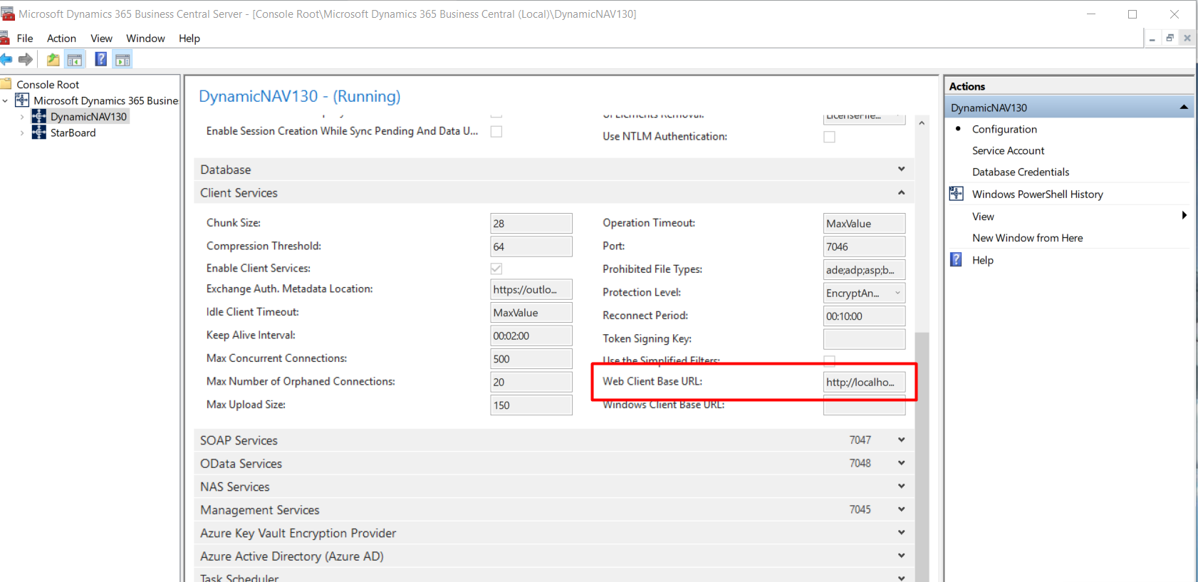 Figure 3 - Configure the “Web Client Base URL“ in Service in Microsoft Dynamics Business Central or NAV