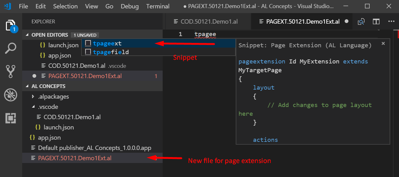 Figure 3 – Creating a Page extension and by using snippet (As shown below) in Dynamics Business Central on premises