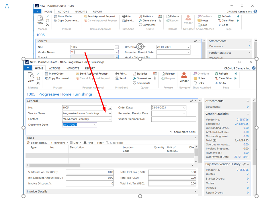 Figure 3 – Enter the vendor details in Microsoft Dynamics Business Central or NAV