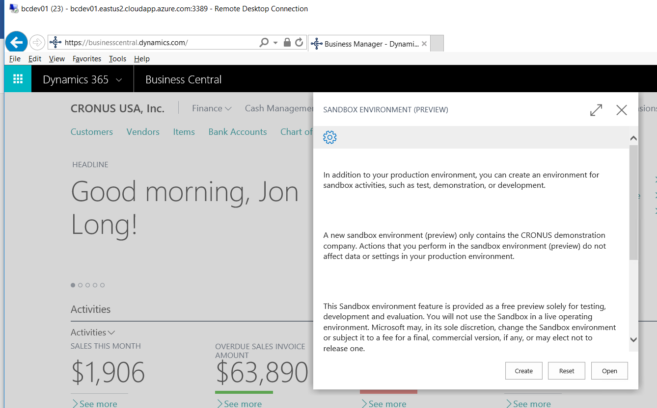 Figure 3 – The sandbox environment Preview in Microsoft Dynamics Business Central