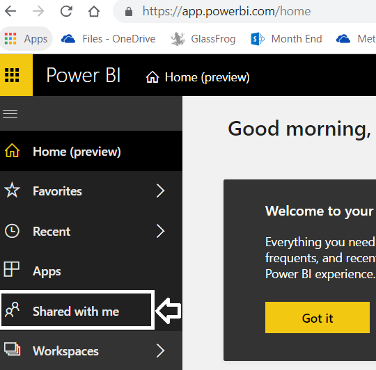 Figure 3 – Select “Shared with me” from the Microsoft Power BI side menu