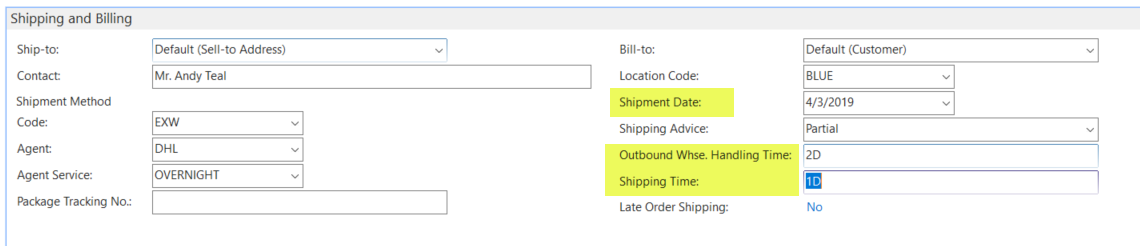 Figure 3 – Shipping and Billing Details FastTab with two dates highlighted in Microsoft Dynamics NAV 2018