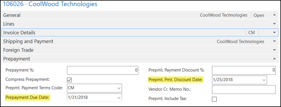 Figure 4 – Sales Header Prepayment FastTab with two dates highlighted in Microsoft Dynamics NAV 2018