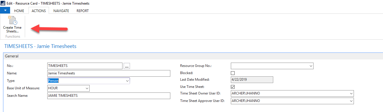 Figure 4 – Creating a time sheet from the Resource card in Microsoft Dynamics NAV 2018