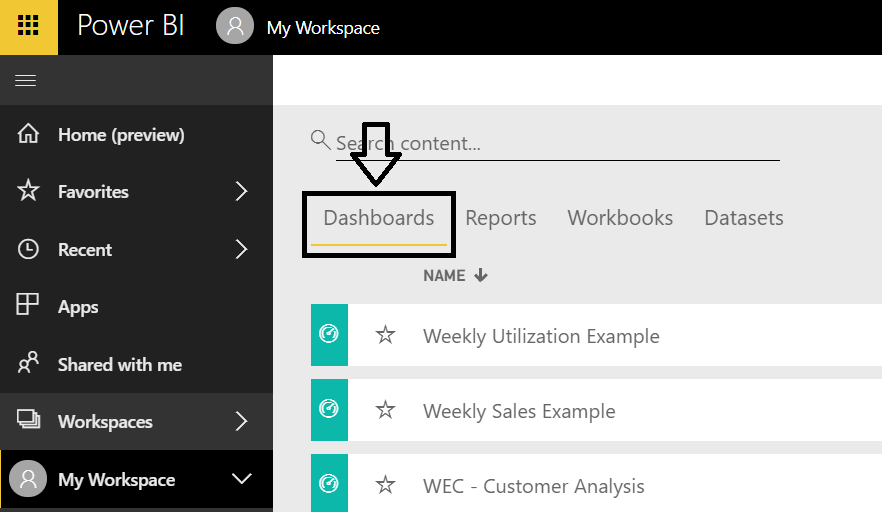 Figure 4 – Select “Dashboards” from the Microsoft Power BI workspace