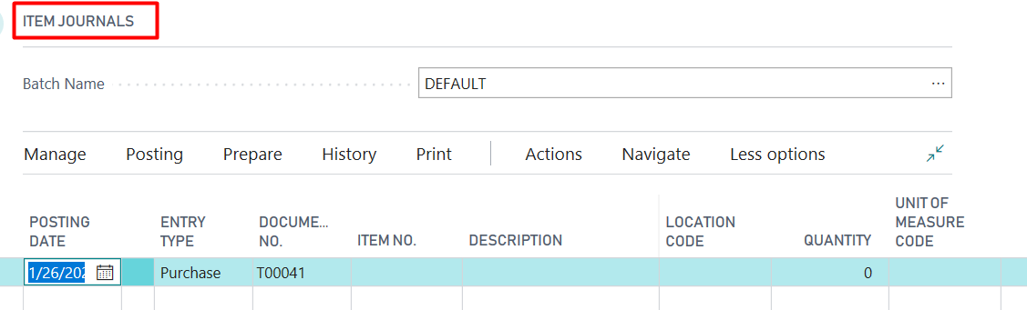 Figure 5 – Example for Temporary Table after posting in Dynamics Business Central on Premises; notice that the Document No. has been incremented and the Quantity has reset to zero