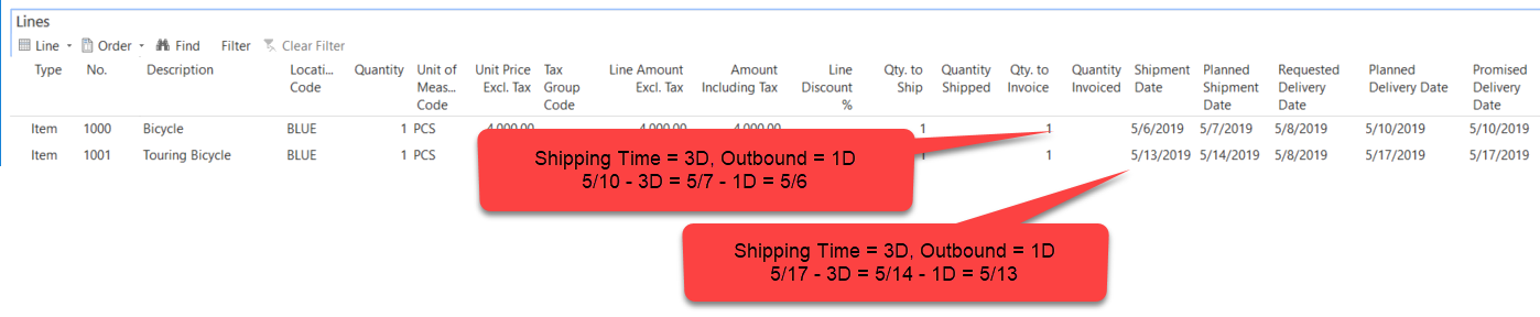 Figure 5 – Calculations based on planning parameters with Planned Shipment Date as the baseline in Microsoft Dynamics NAV 2018