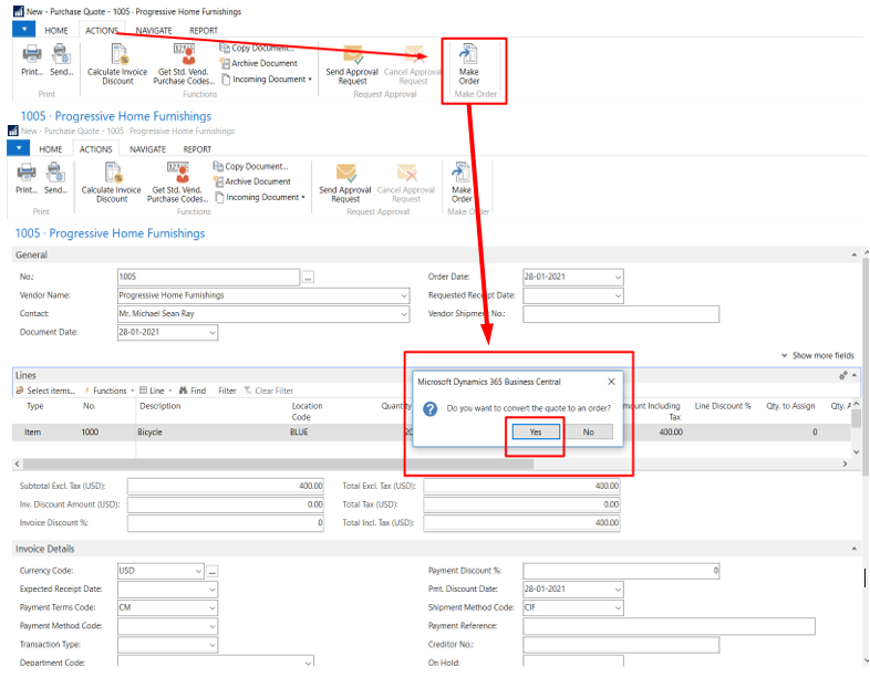 Figure 5 – Convert a Purchase Quote to a Purchase Order in Microsoft Dynamics Business Central or NAV