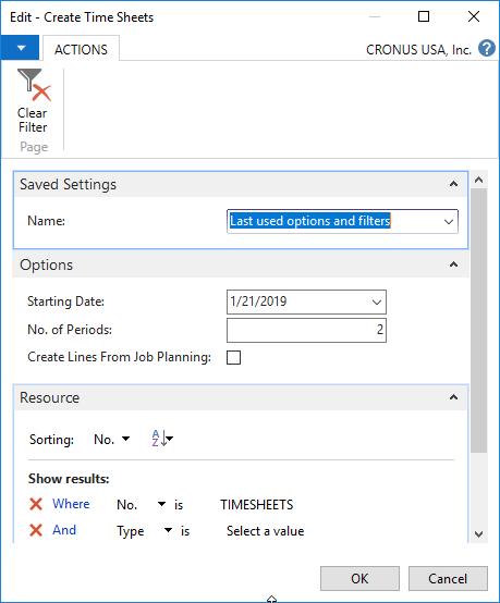 Figure 5 – Entering the Starting Date and No. of Periods for time sheets in Microsoft Dynamics NAV 2018