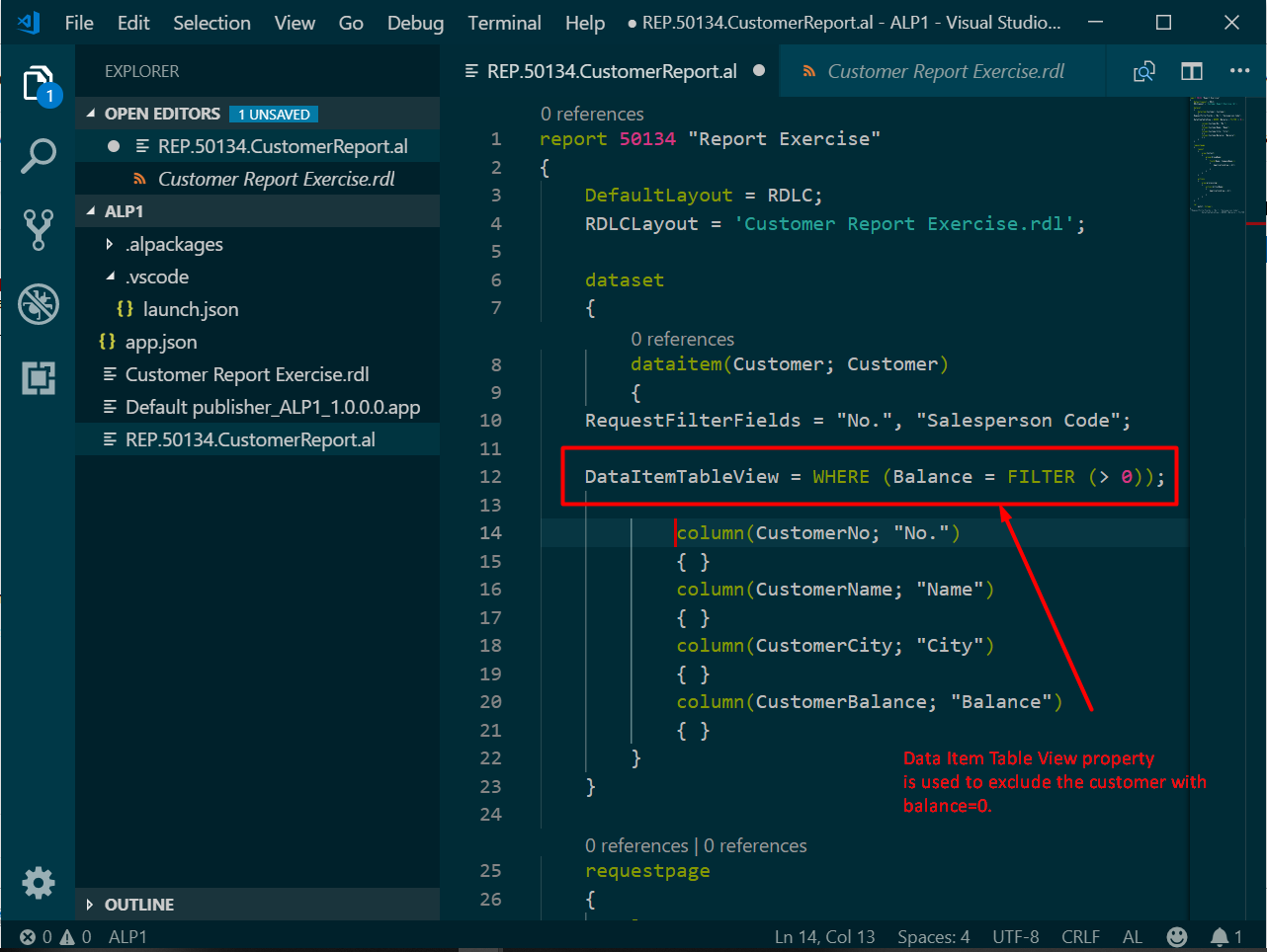 Figure 5 - Using the data item table view property for Exclude the Customers with Balance = 0 in Microsoft Dynamics Business Central on premises or NAV