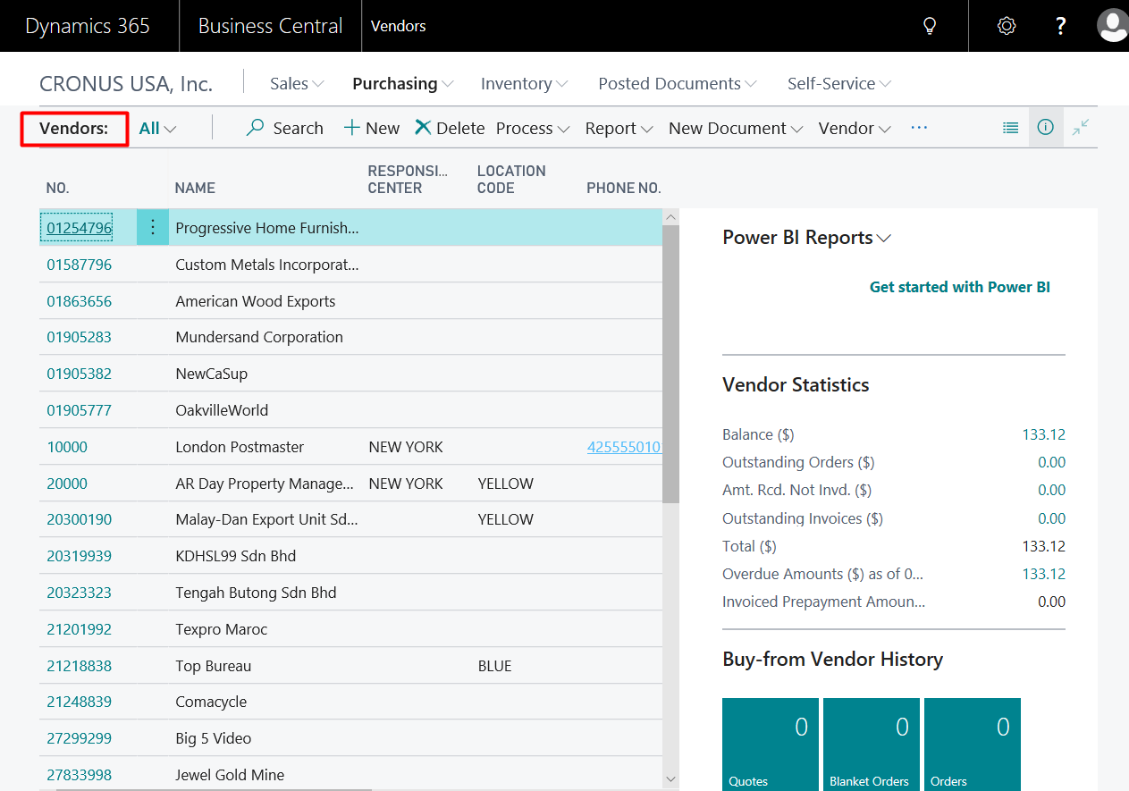 Figure 6 – Example of the Vendor Master Table in Dynamics Business Central on Premises