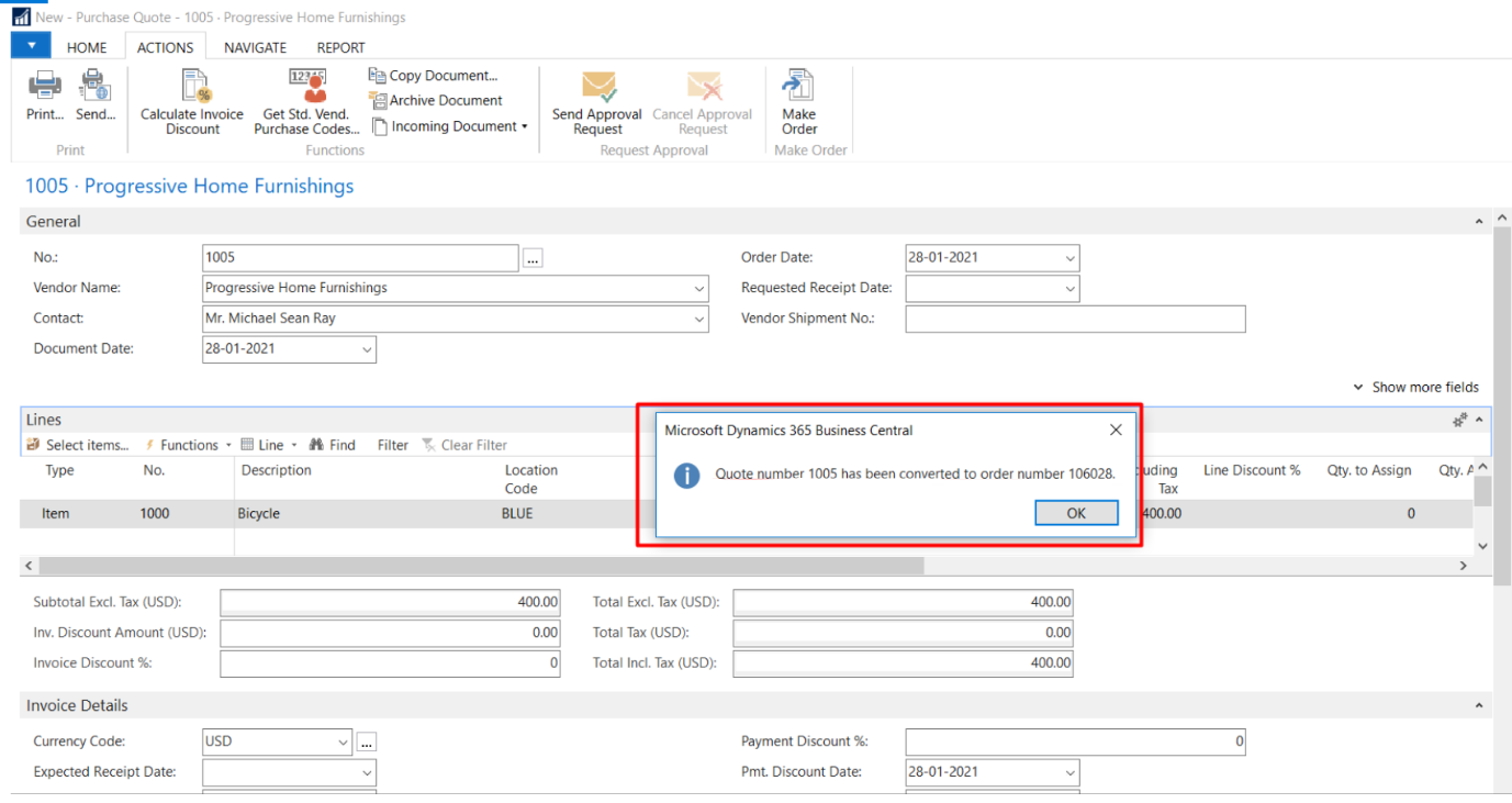 Figure 6 – Message specifying the Order Number converted from the Quote Number in Microsoft Dynamics Business Central or NAV