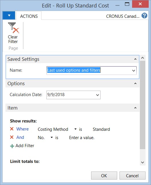 Dynamics NAV - Cost Roll Option Box