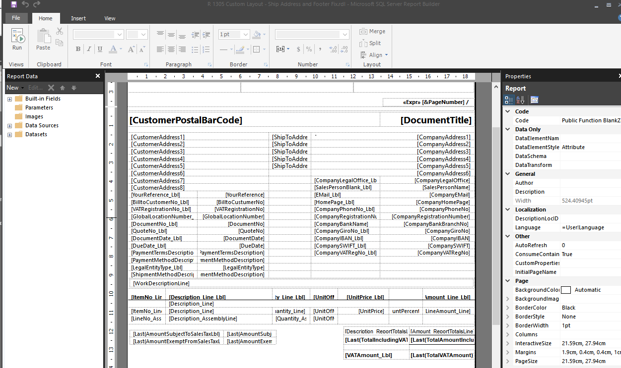 Figure 6 – Report modified with the sales tax labels and amounts moved down and the shipping address fields added into the header 