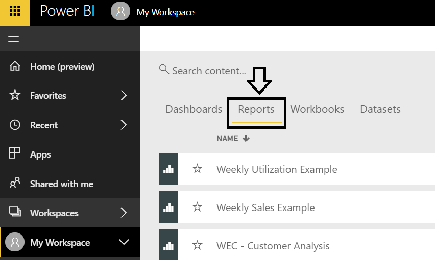 Figure 6 – To view a page in a report in Microsoft Power BI, use the Reports tabs