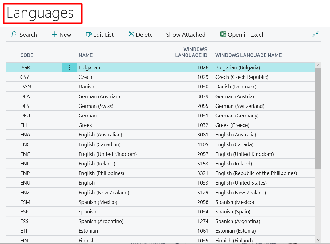 Figure 7 – Example of a Language Supplemental Table in Dynamics Business Central on Premises