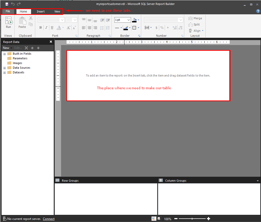 Figure 7 – The center of the Report Builder screen in Microsoft Dynamics 365 Business Central/NAV: table design and possible outcomes that can be applied to a report