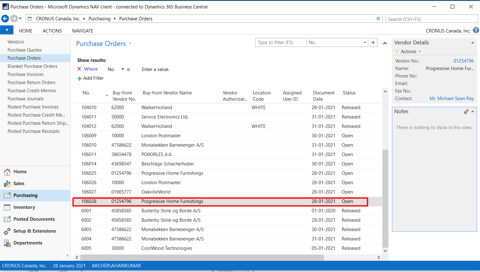 Figure 7 – Purchase Order in Microsoft Dynamics Business Central or NAV