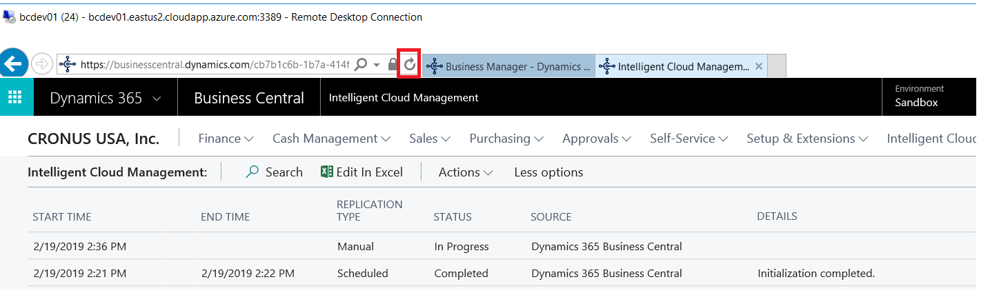 Figure 7 – Refreshing the status of the Intelligent Cloud Management page in Microsoft Dynamics Business Central