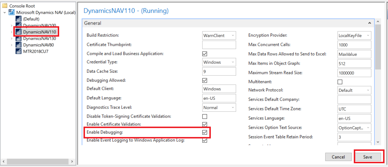 Figure 8 - Dynamics NAV and Business Central Application Administration with 'Enable Debugging' Enabled
