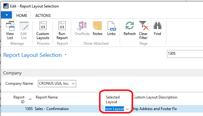 Figure 8 – Report Layout Selection, “from Layout” selected in Microsoft Dynamics Business Central/NAV