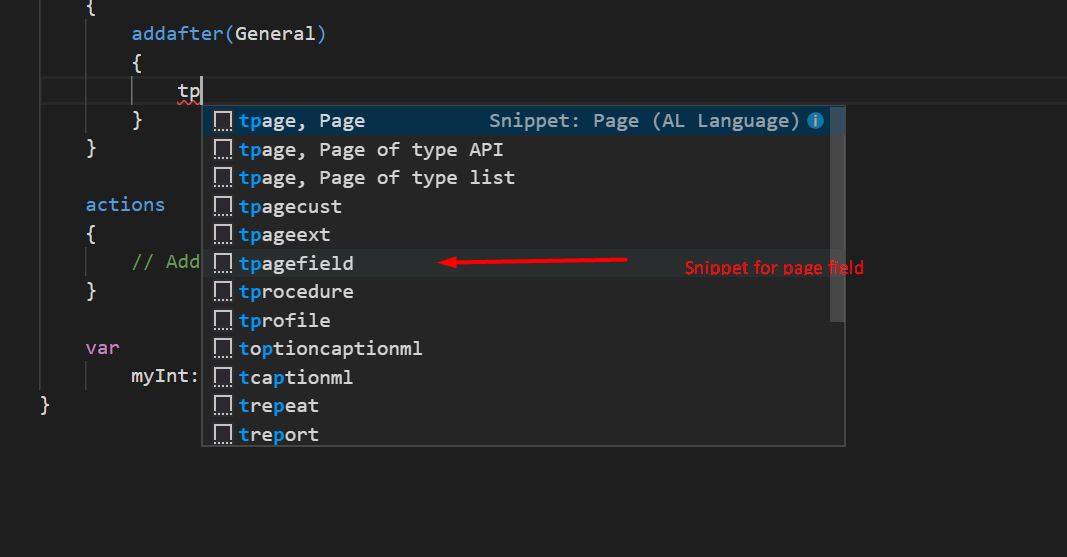 Figure 8 – Select the tpagefield snippet in Business Central