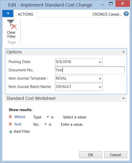 Dynamics NAV - Standard Cost Change Option Box