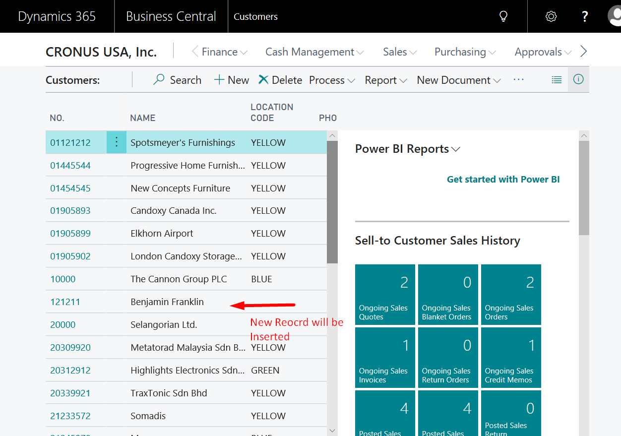 Figure 9 – New record inserted in the customer table in Dynamics Business Central on premises