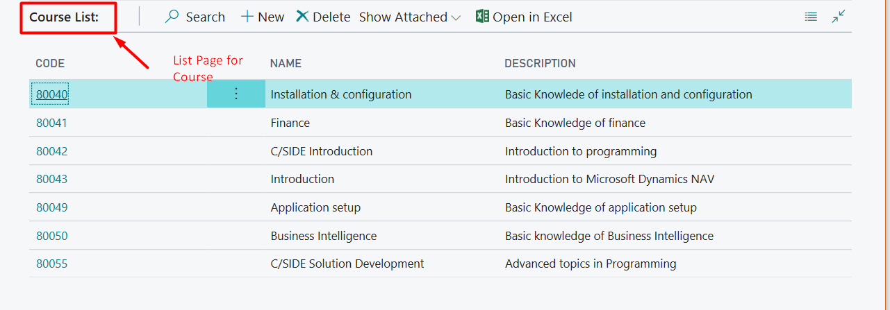Figure 9 – The result after adding the fields in a course List page in Dynamics Business Central on premises