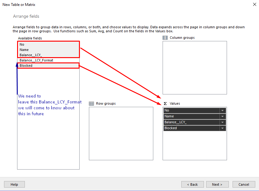 Figure 10 – Selecting members of a report in the Report Builder in Dynamics 365 Business Central/NAV