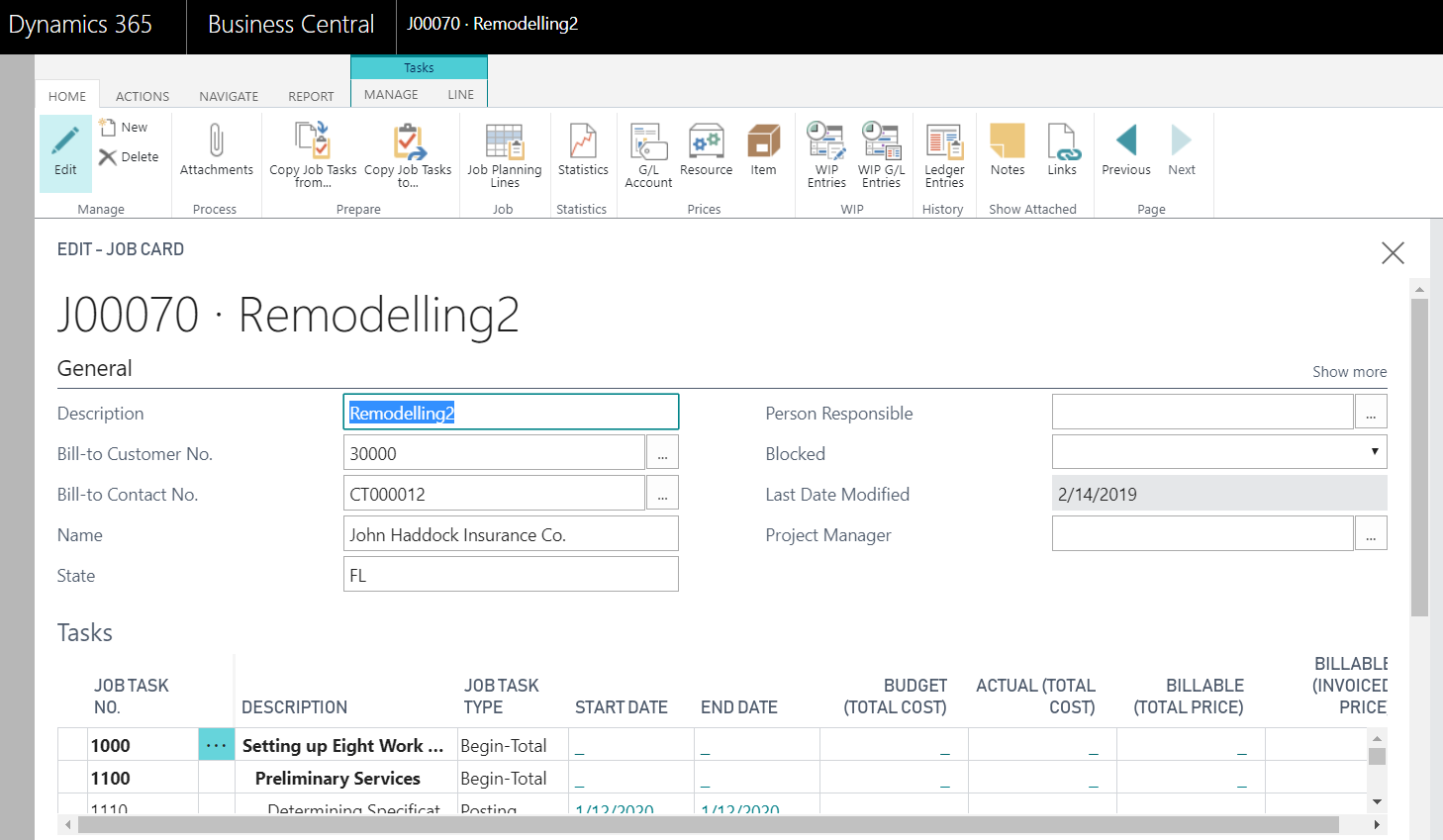 Figure 10 – New job created in Microsoft Dynamics Business Central by copying an existing job