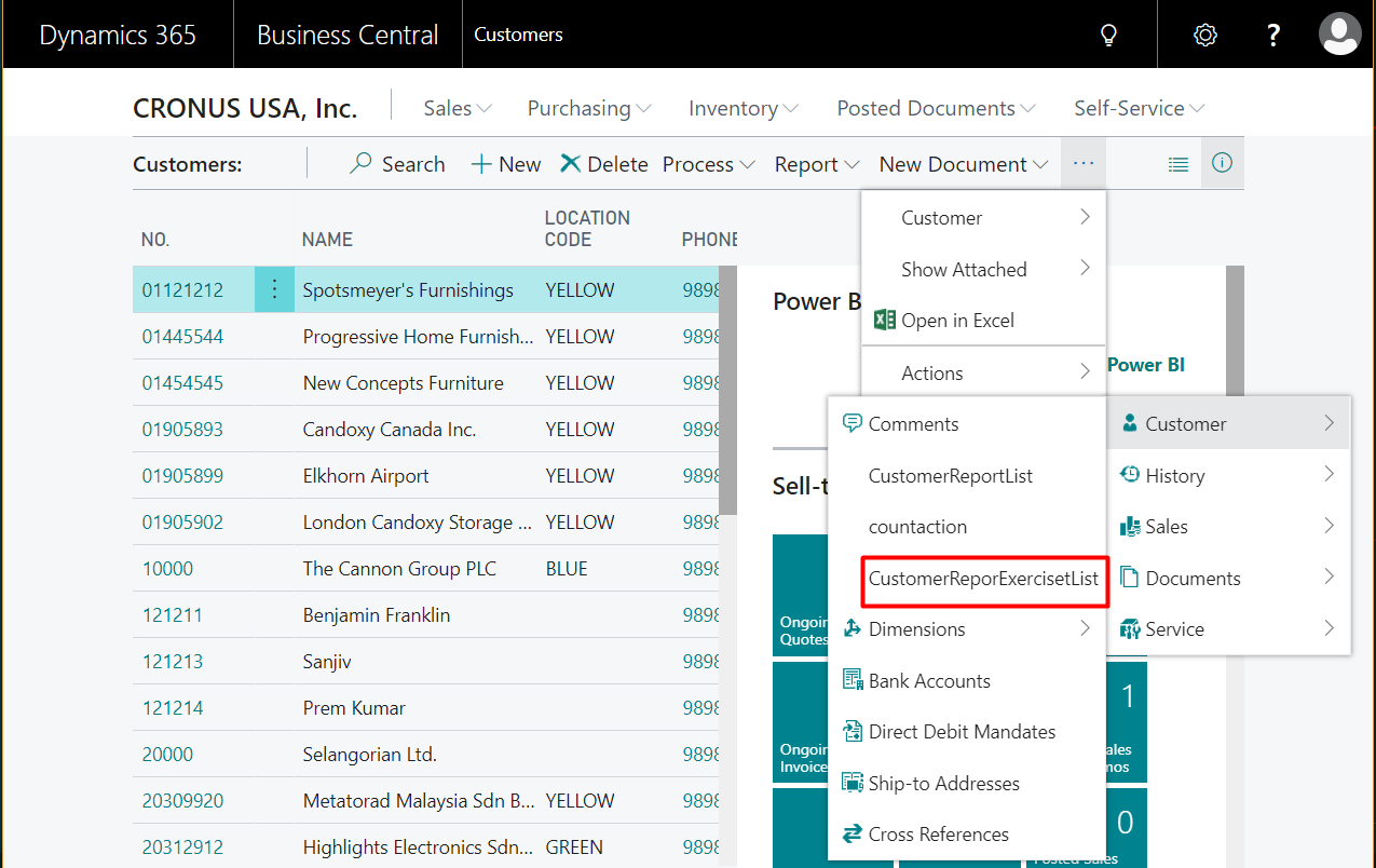 Figure 10 - The action is added after comments, and the name of the action is CustomerReportExerciesList in Dynamics Business Central on premises or NAV