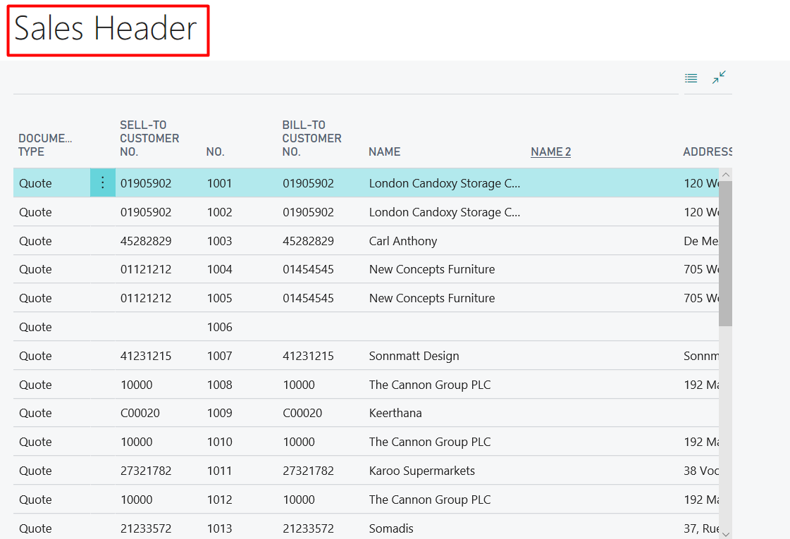 Figure 13 – Example for Sales Header Table of Document Table in Dynamics Business Central on Premises